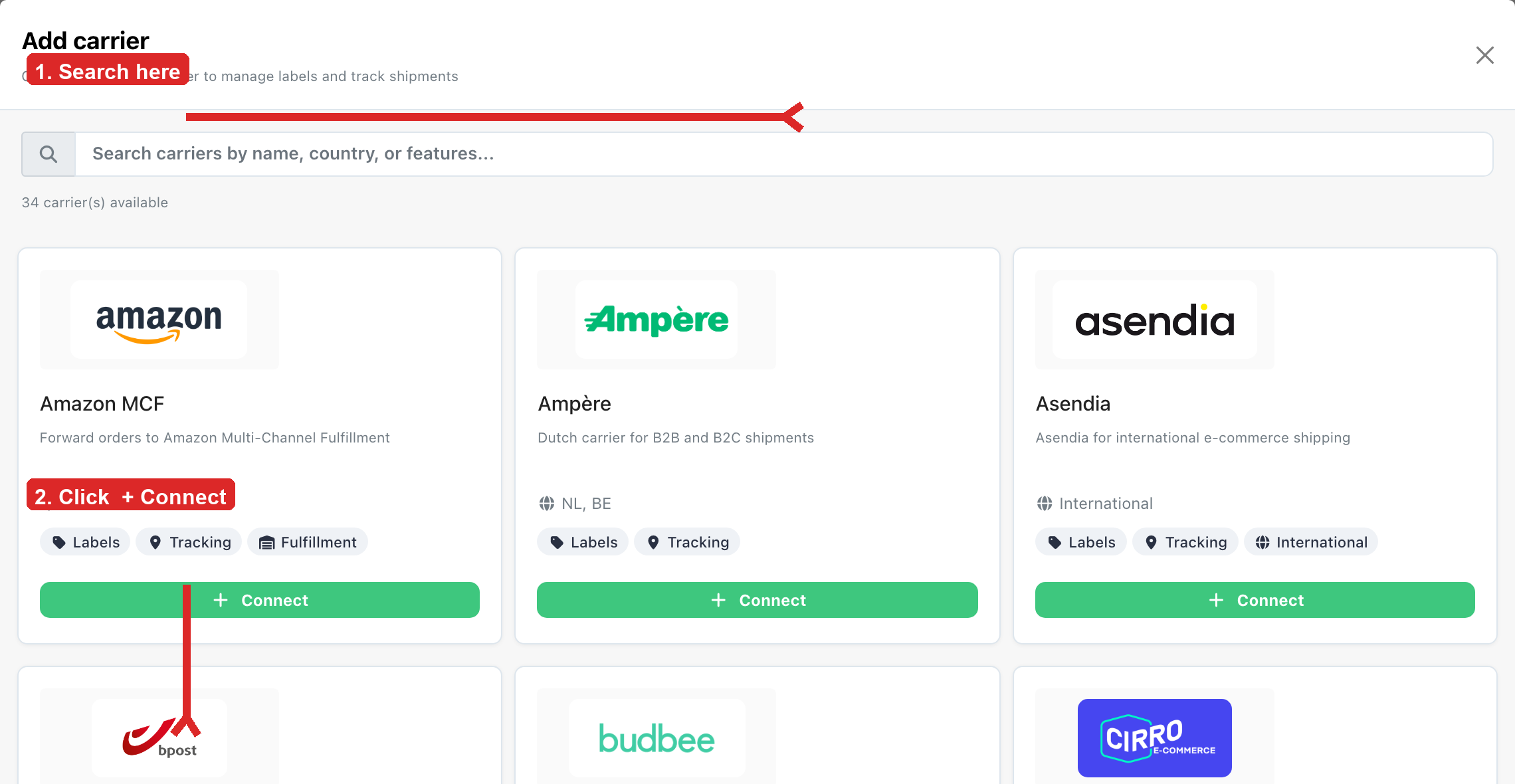 Search, then click + Connect