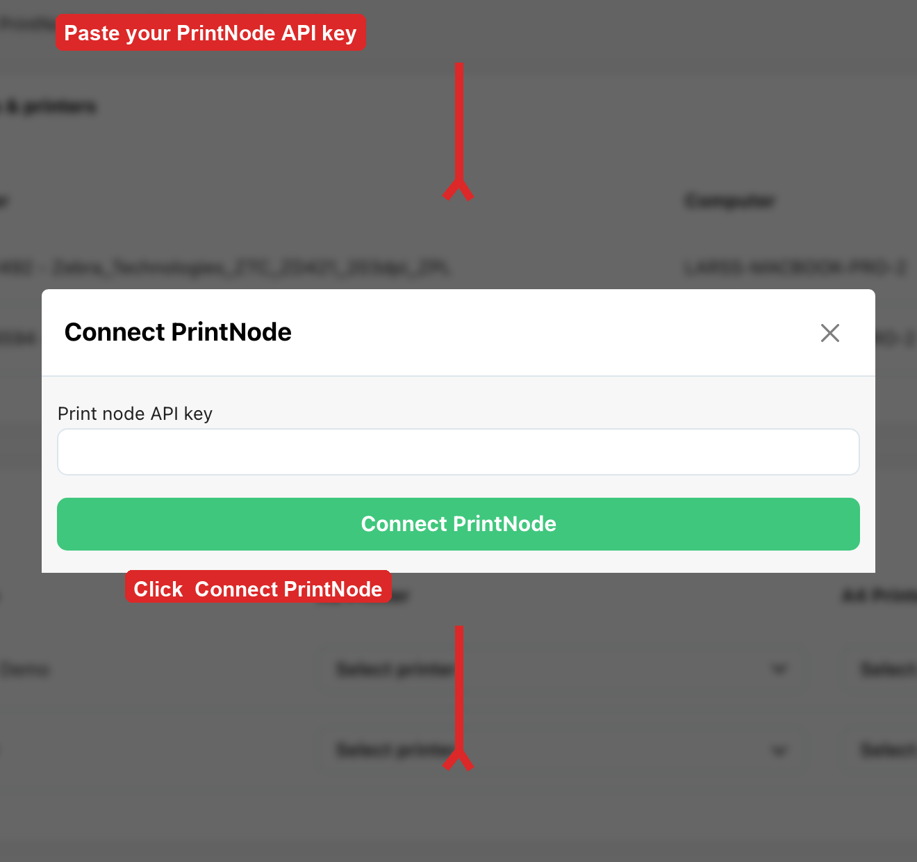 Paste API key and click Connect PrintNode