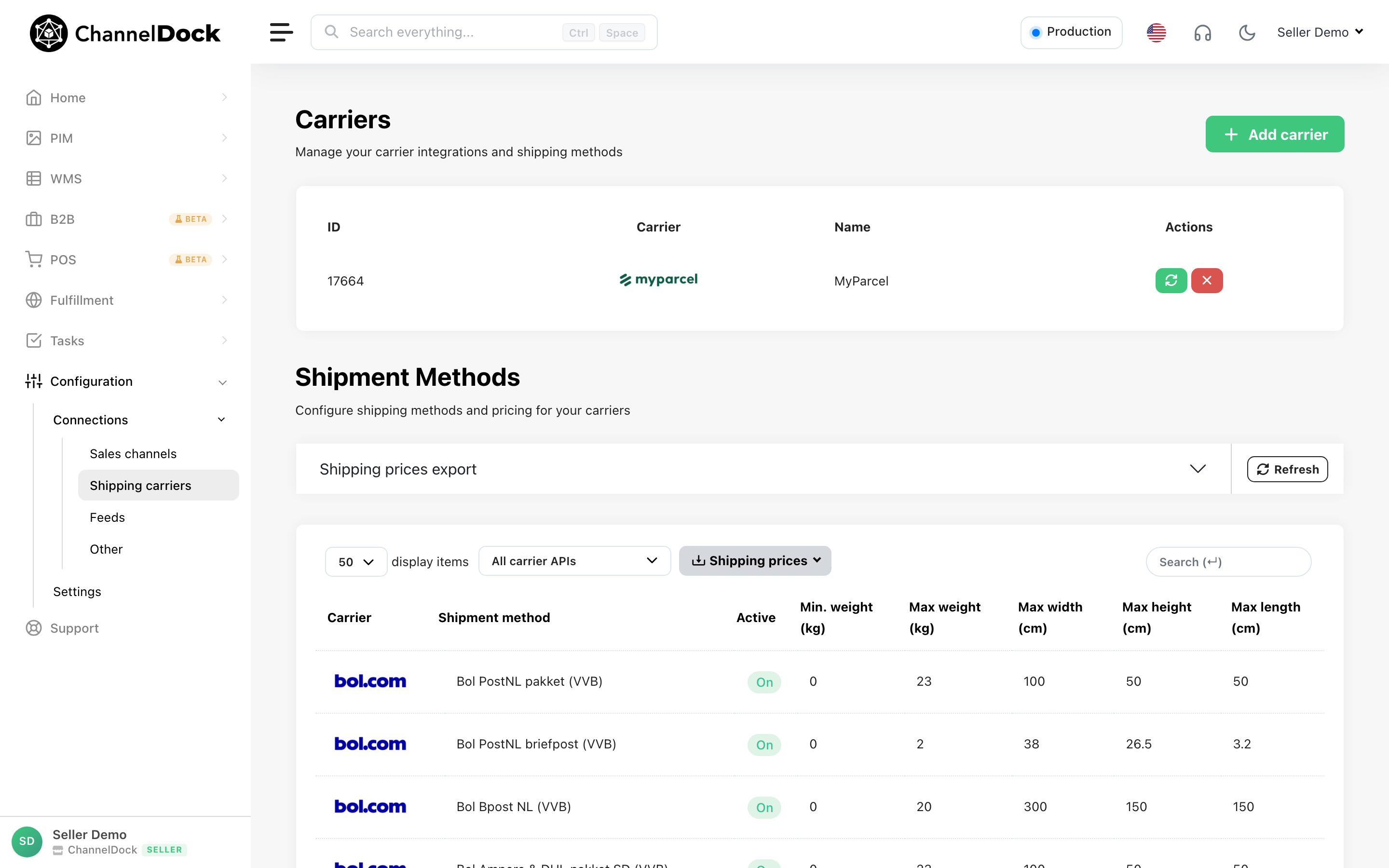 Shipping carriers page