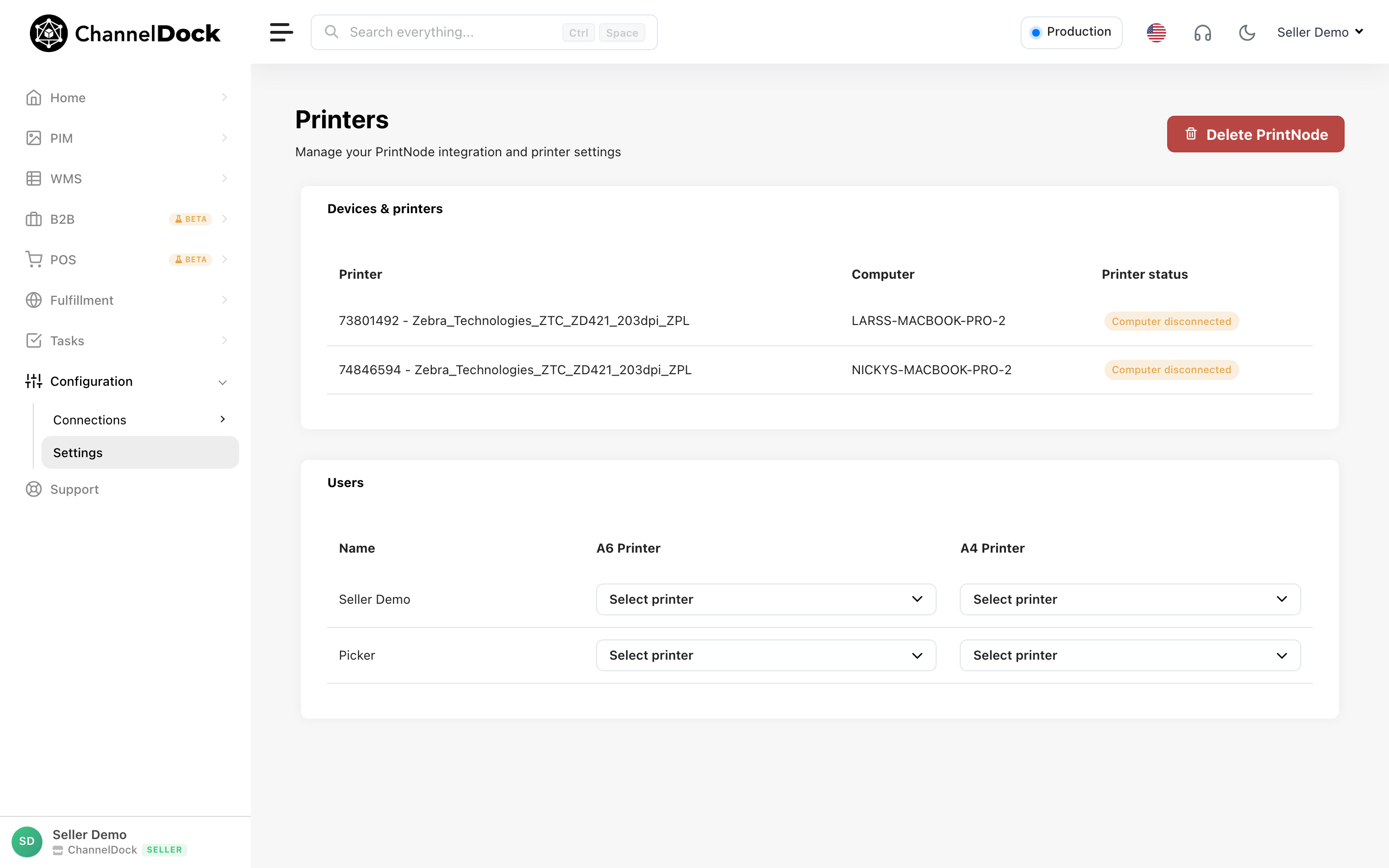 Printers settings page