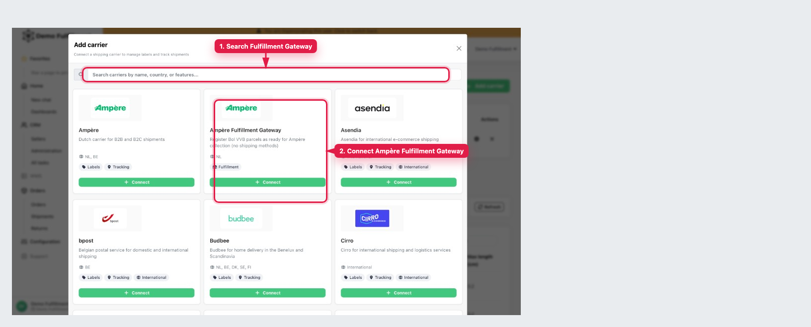 Search Fulfillment Gateway, then connect Ampère Fulfillment Gateway