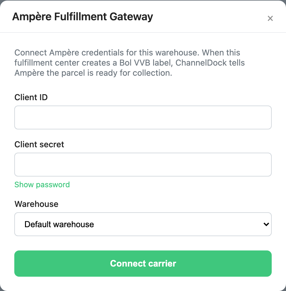 Enter Client ID, Client secret, and warehouse, then connect