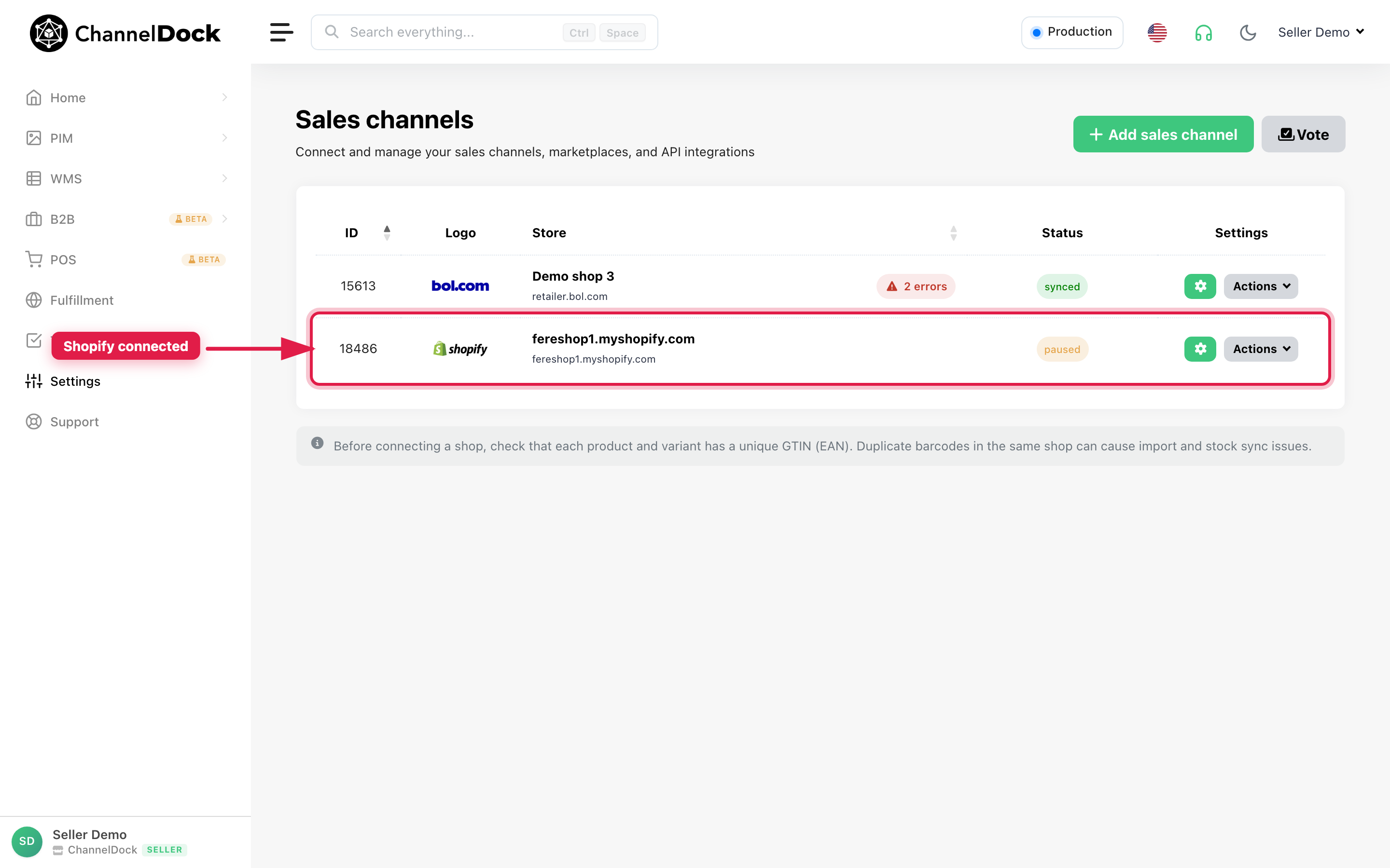 Shopify connected in Sales channels