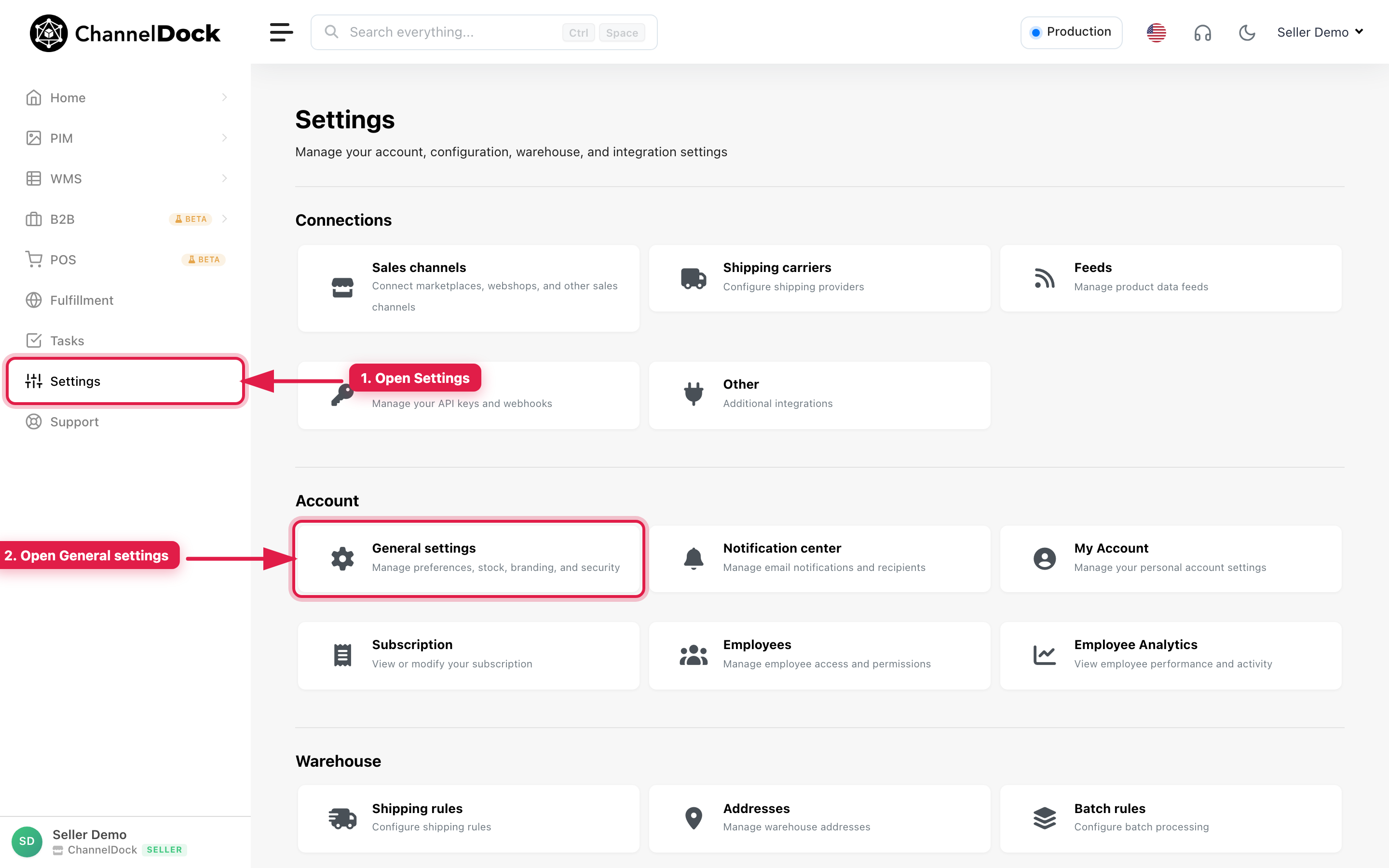 Open Settings, then General settings