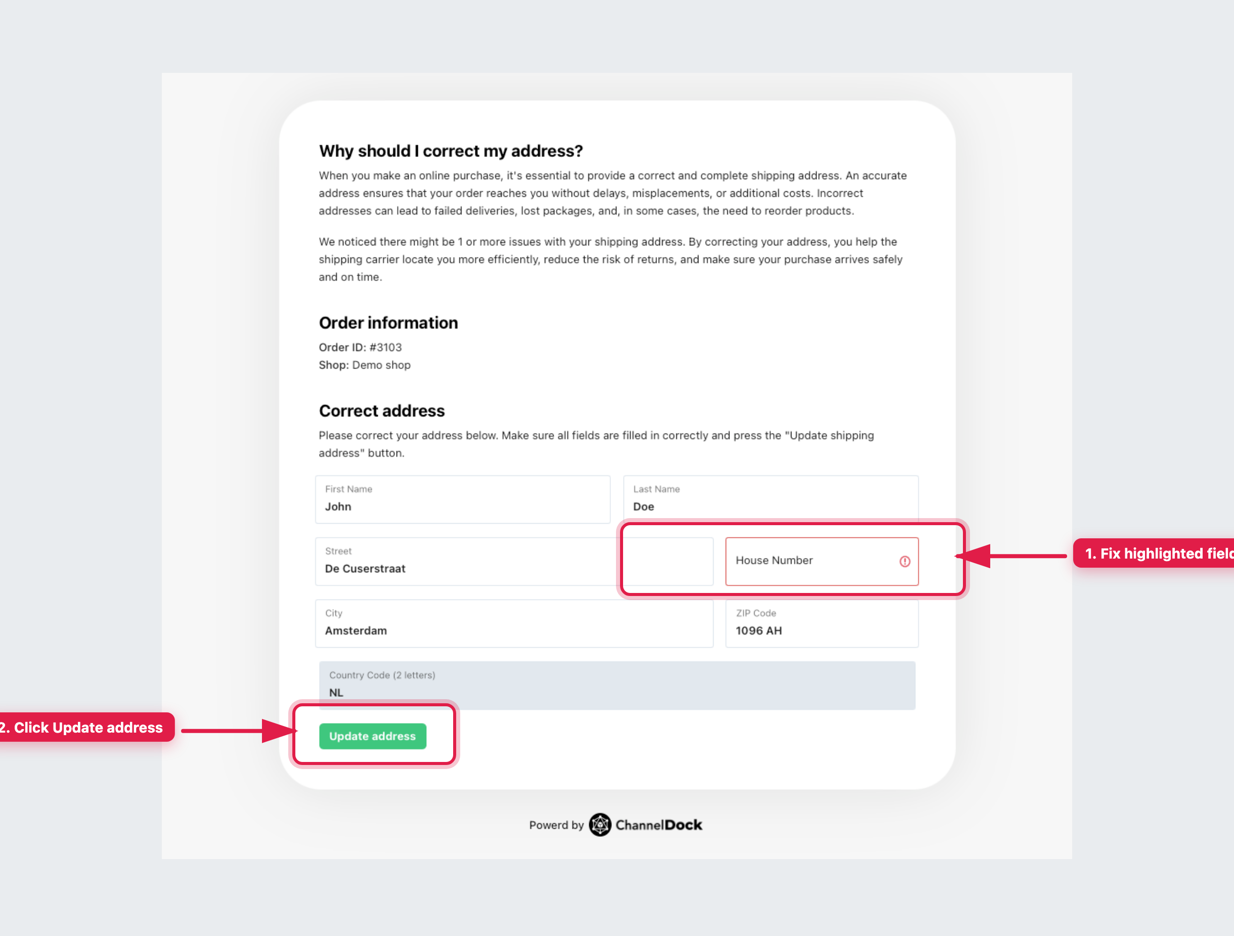 Customer portal — fix highlighted fields and click Update address
