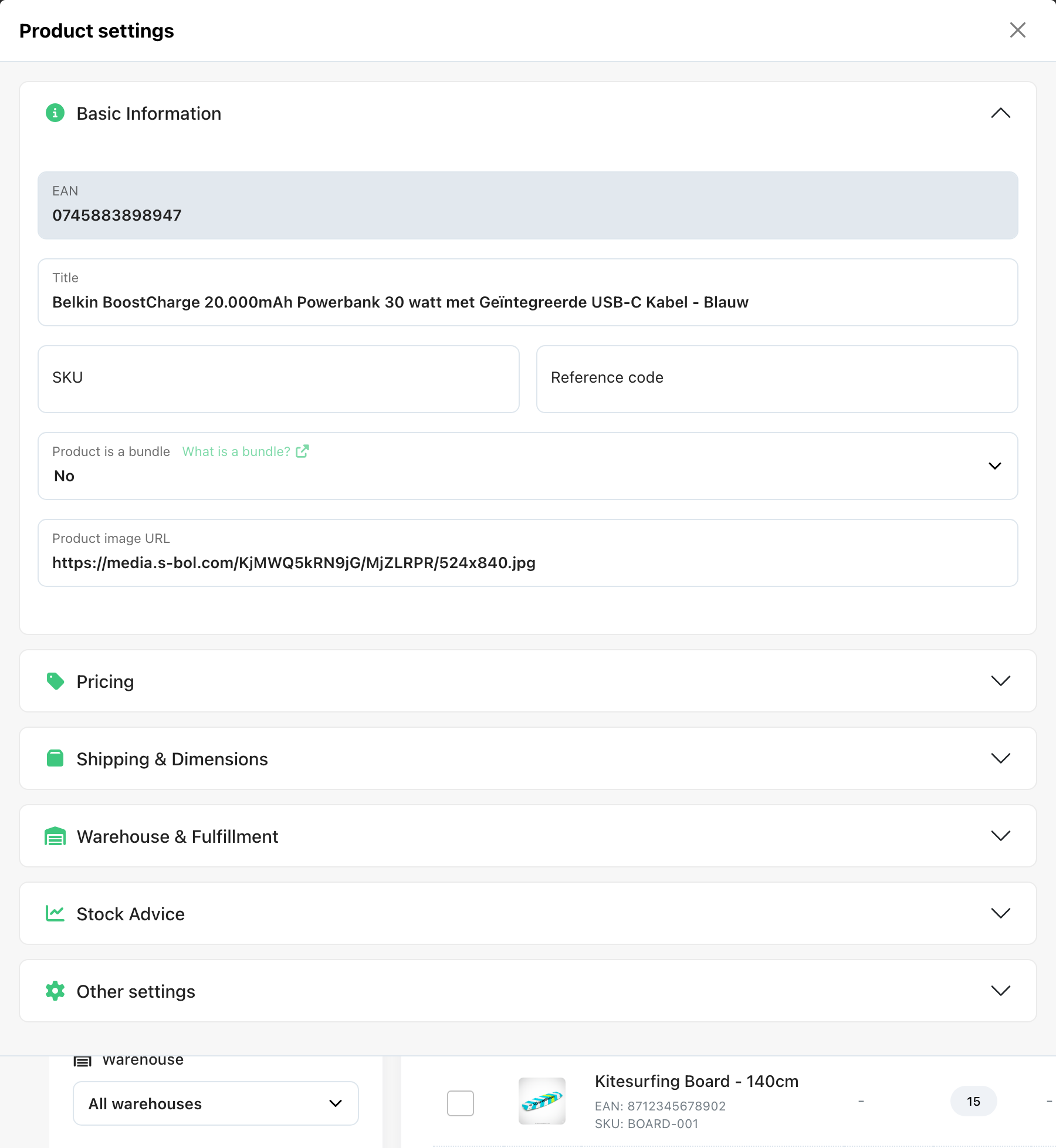 Edit settings modal