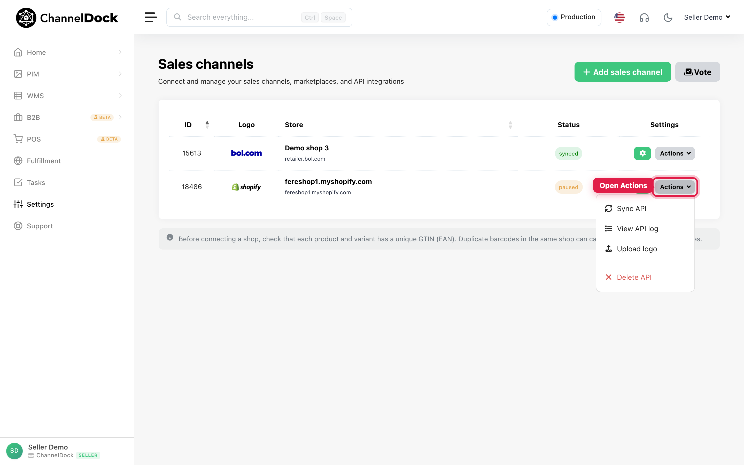 Open Actions on your Shopify sales channel