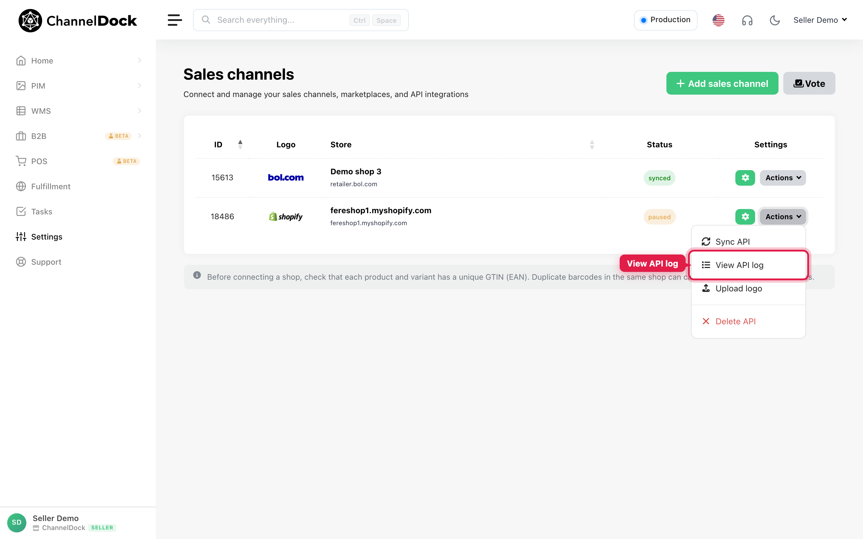 Click View API log