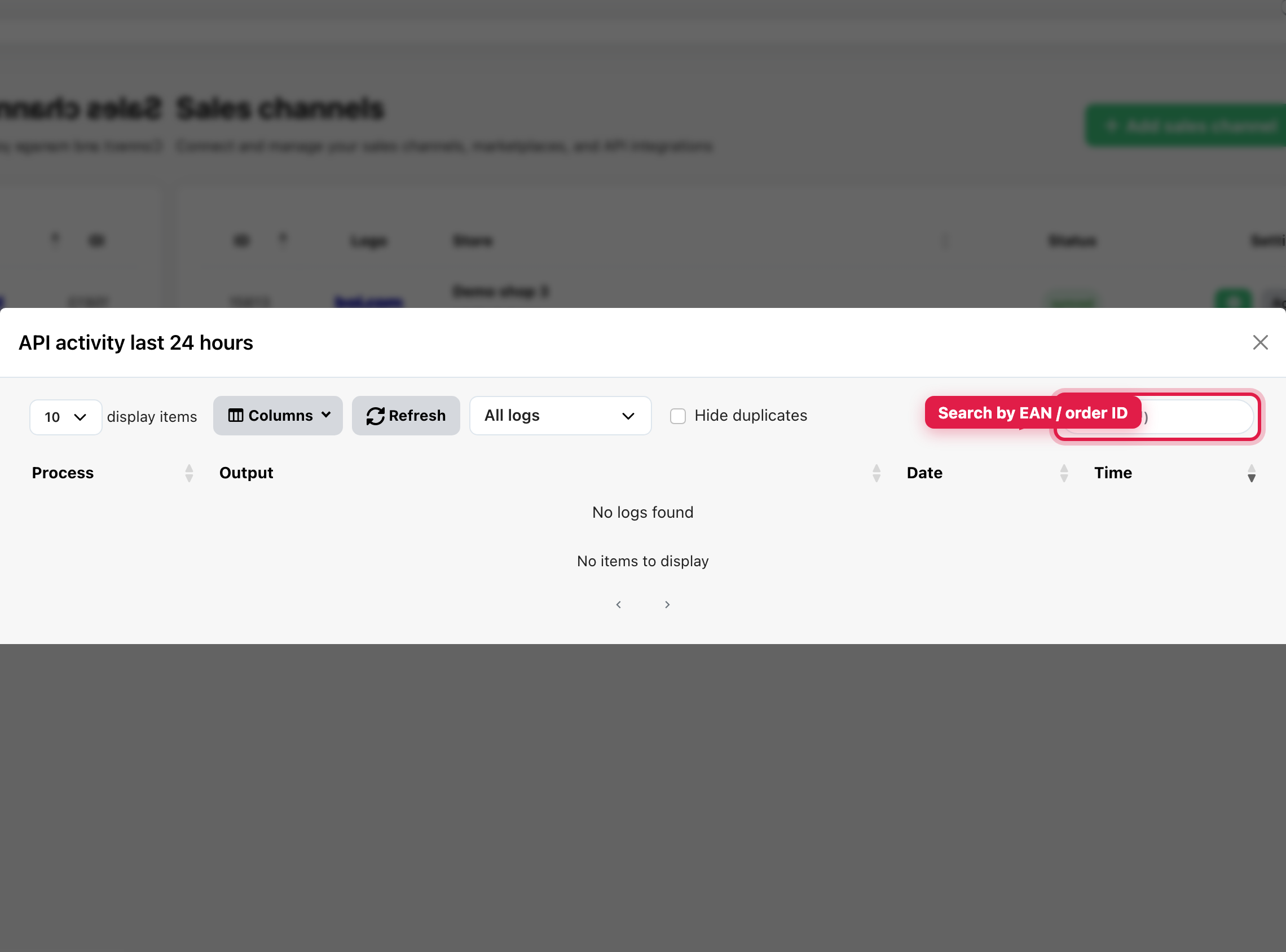 Search the API logs by EAN or order ID