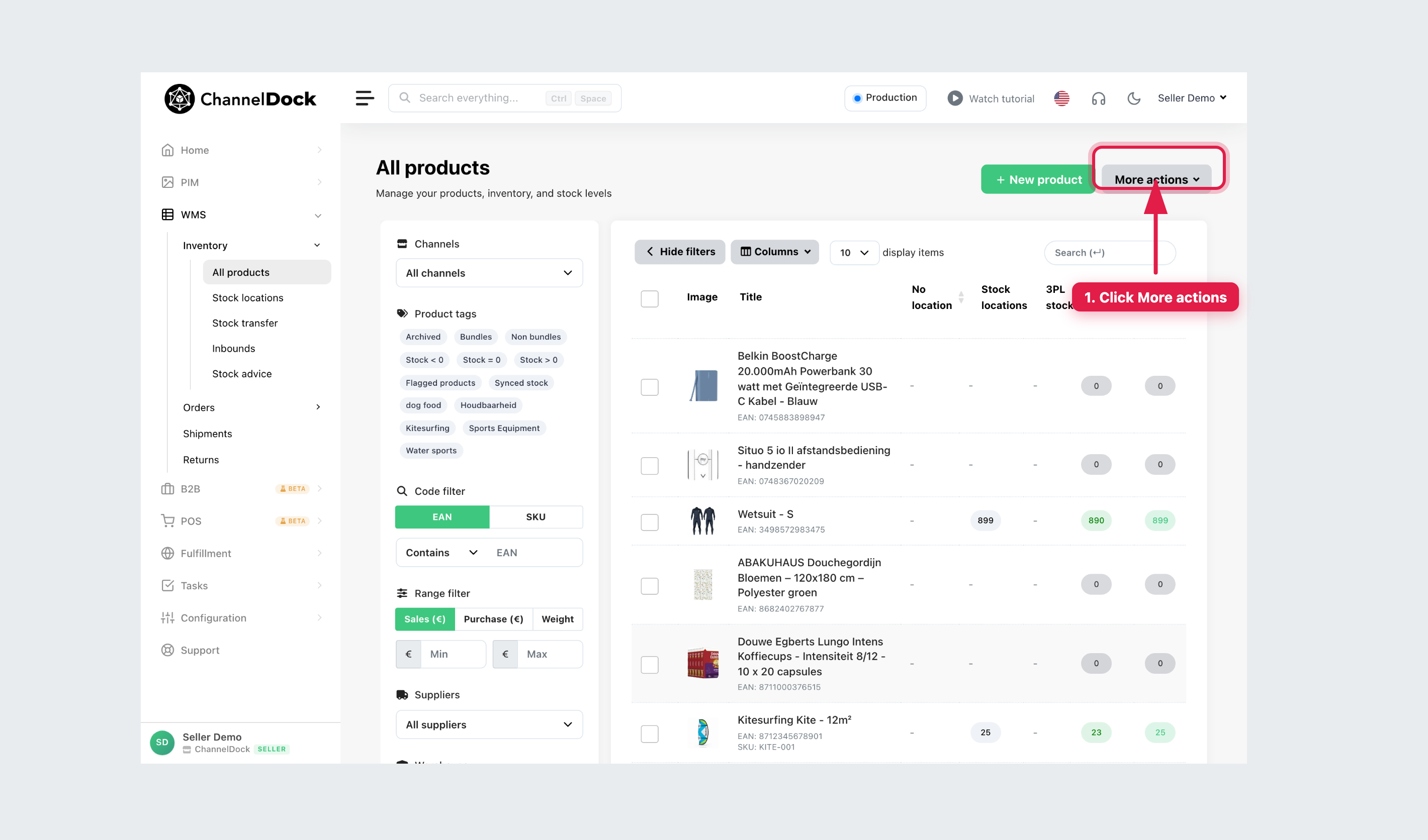 Click More actions on All products