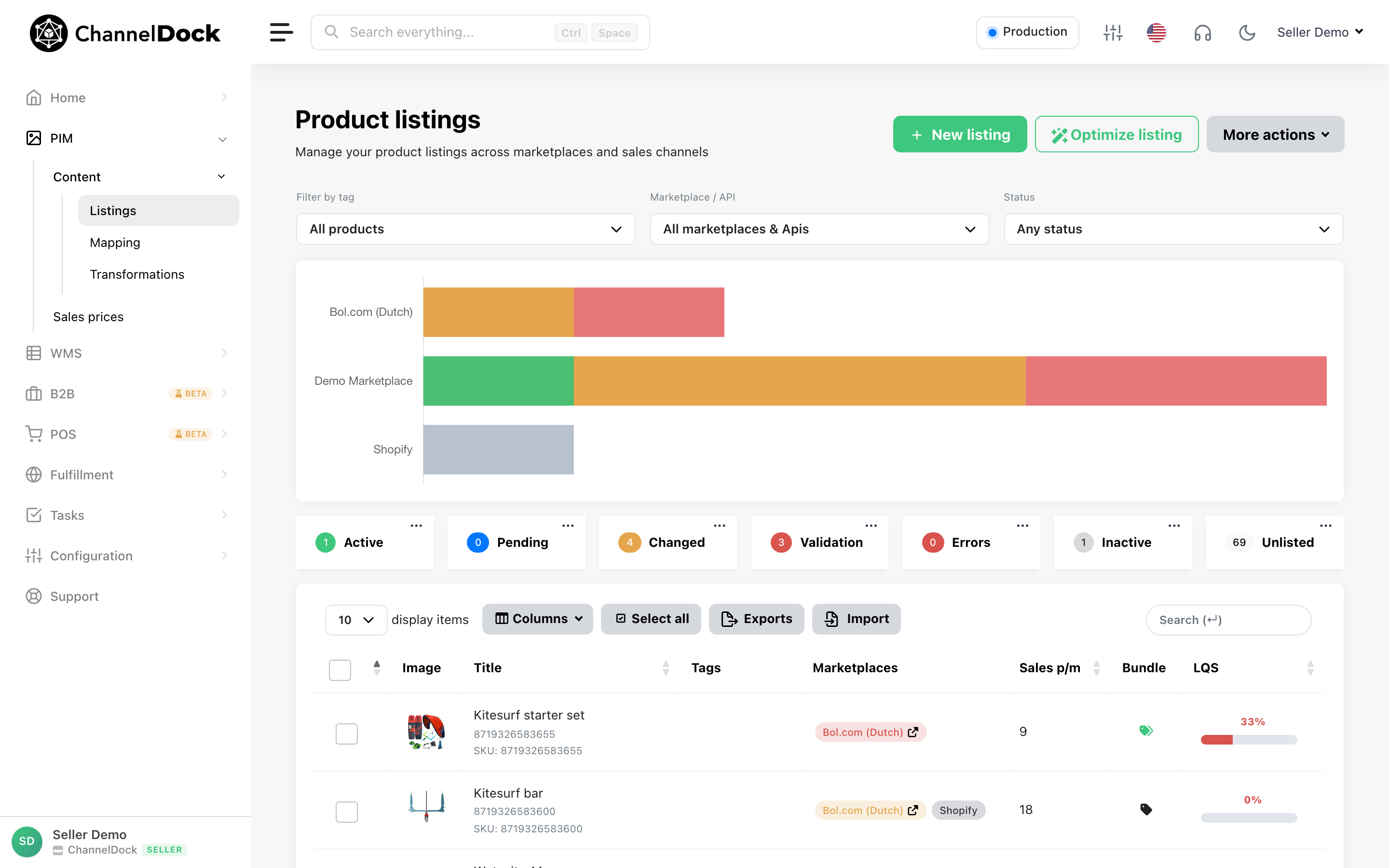Arbeitsbereich für Produktlistings in ChannelDock