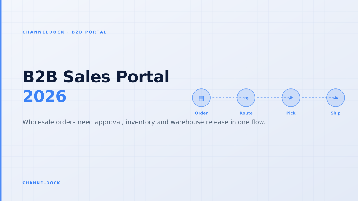 B2B sales portal order flow connecting wholesale buyers, approval checks and warehouse fulfillment