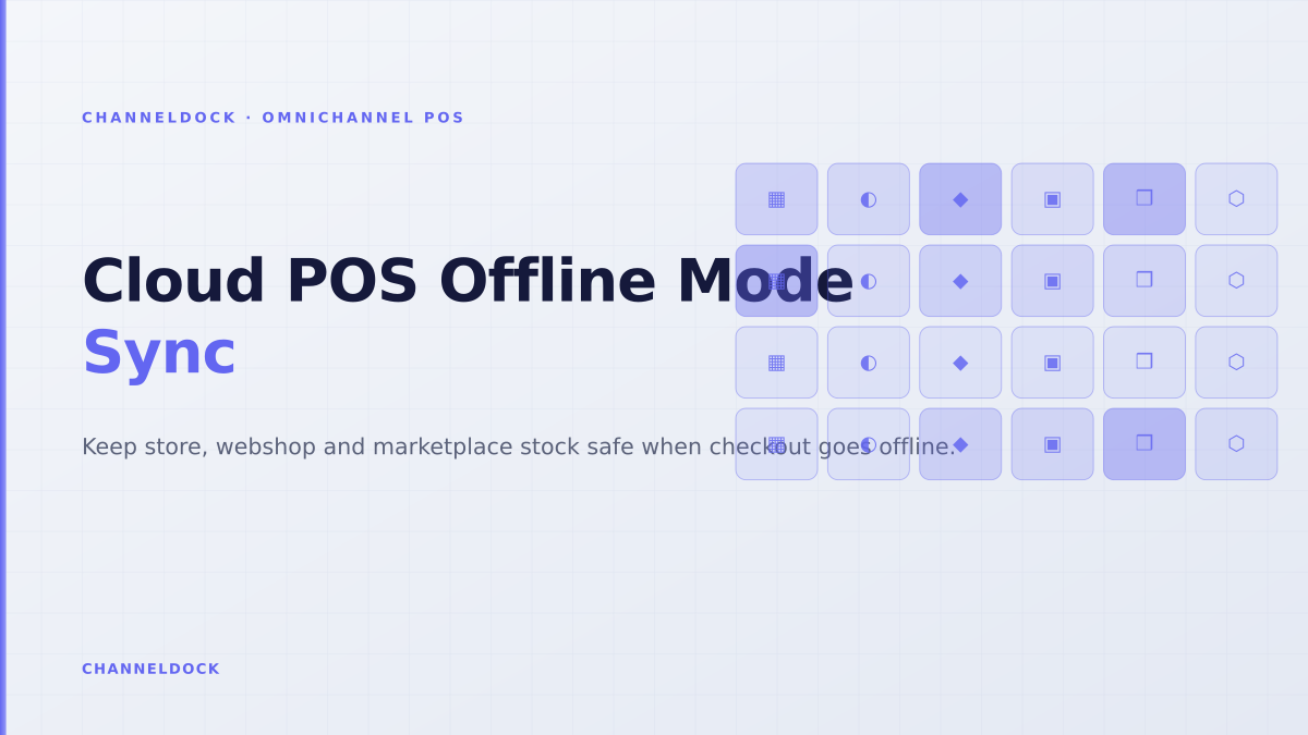 Cloud POS offline mode dashboard syncing store checkout, webshop stock and marketplace orders after an outage