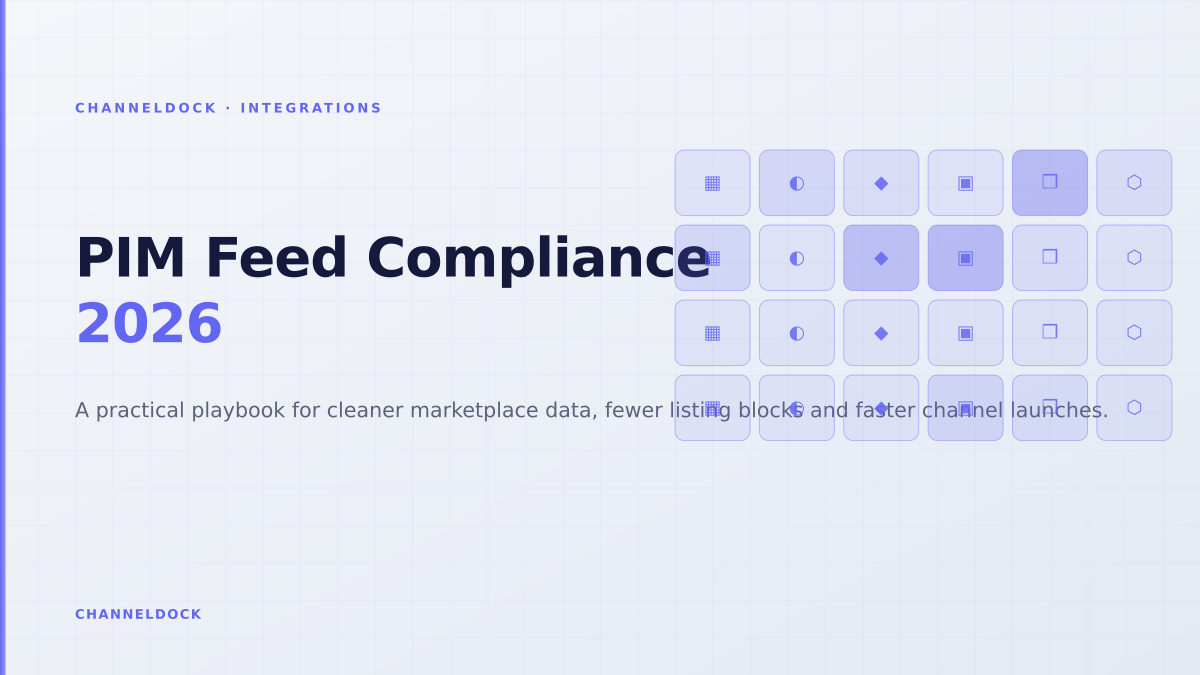 ChannelDock hero showing connected PIM feed checks for marketplace compliance